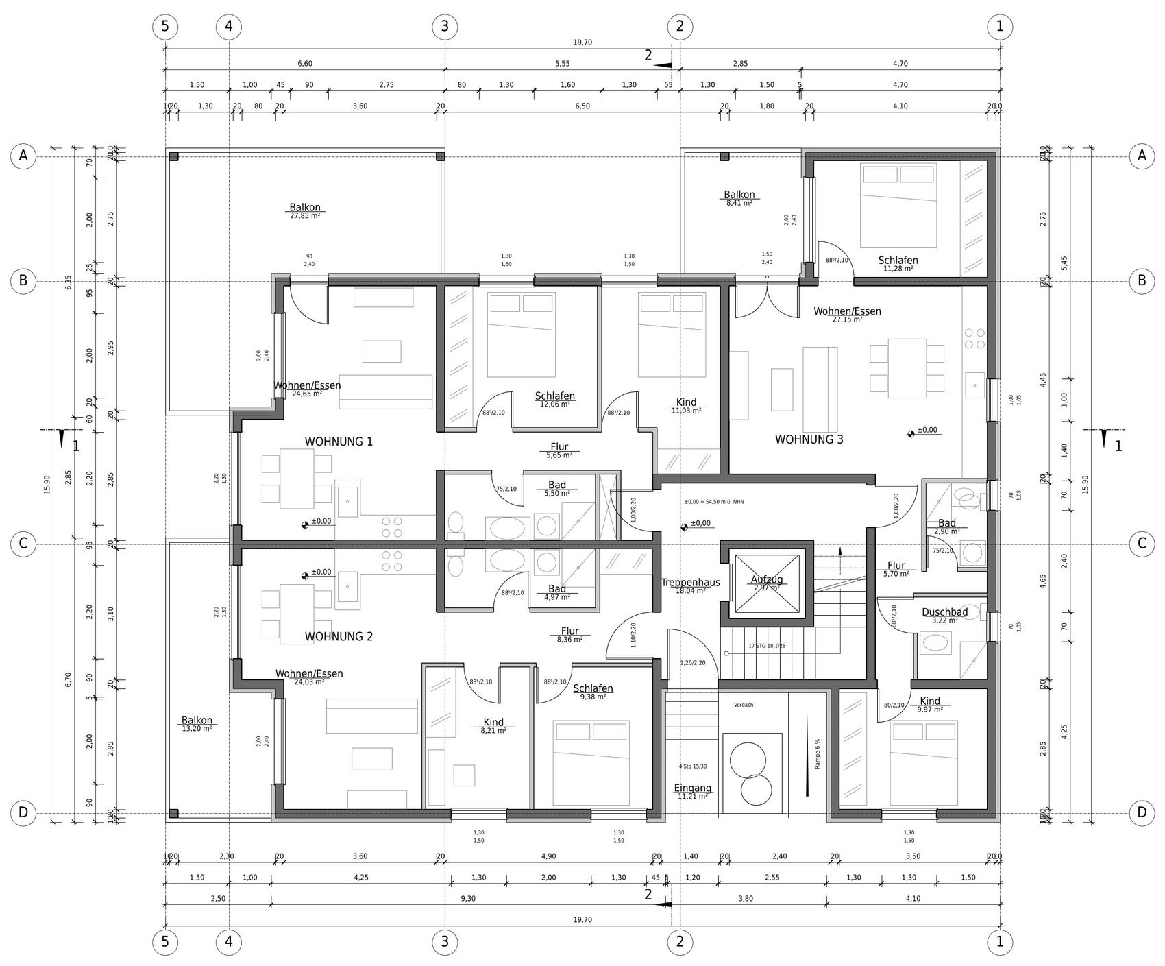 Ergebnis: derselbe Grundriss als CAD-Plan im Maßstab 1:50 mit Achsraster, Maßketten und Raumstempeln